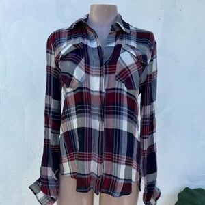 Sam Edelman Burgundy Navy and White Plaid Shirt